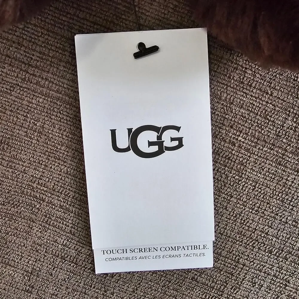 UGG Women's Brown Leather Shorty Tech Tip Real Fur Cuff Gloves Size L/G